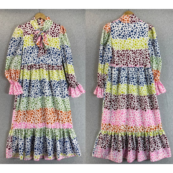 Never Fully Dressed Colorful Polka Dot Tie Neck Long Sleeve Midi Dress Size 4 - Picture 1 of 15